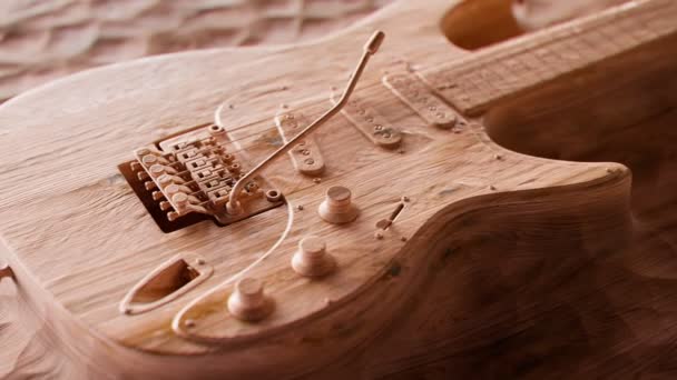 Fecho Lento Moderna Guitarra Elétrica Seis Cordas Esculpida Madeira Instrumento — Vídeo de Stock