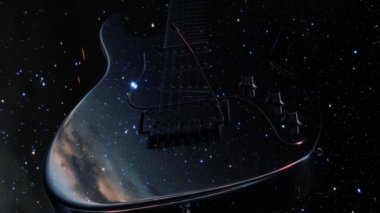 Yıldızlı gece gökyüzüne karşı modern elektro gitarın inanılmaz görüntüleri. Samanyolu ve yıldızlar gitarın parlak yüzeyine yansıyor. Çağdaş müzik aleti. Rock, metal, blues, pop.