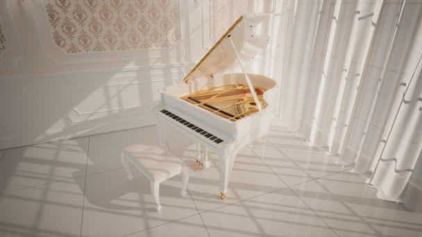 아름다운 매력적인 인테리어에 서있는 고급스러운 그랜드 피아노 완벽한 페인트는 빛납니다 — 비디오