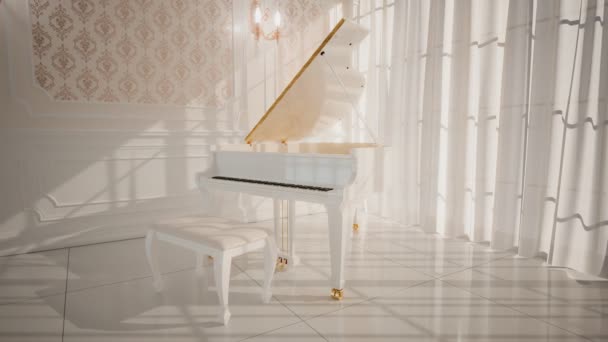 美しい魅力的なインテリアに立っている豪華なグランドピアノ 完全な白い光沢のあるペンキは包囲されたライトで輝きます 優秀なミュージシャンのために演奏する準備ができている古典的な楽器 音楽への情熱 — ストック動画