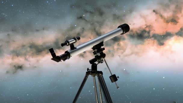 星空の背景にある望遠鏡で素晴らしいアニメーション 望遠鏡のシルエットで夜空の風景 アストロノミー 銀河の星座を観測する ディスカバリー 宇宙探査 — ストック動画