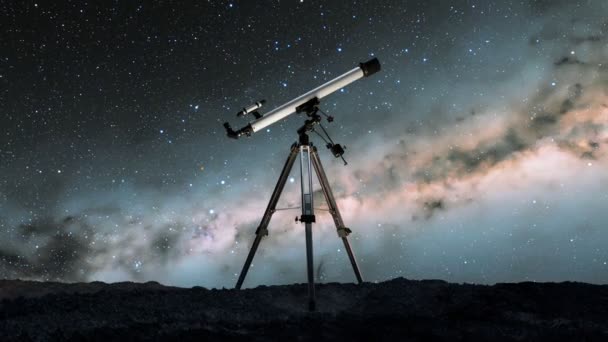 Úžasná Animace Dalekohledem Hvězdném Pozadí Oblohy Noční Obloha Siluetou Dalekohledu — Stock video