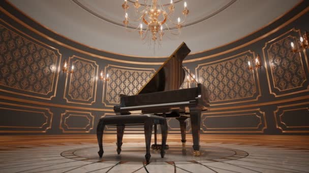 美しい魅力的なインテリアに立っている豪華なグランドピアノ 完全な黒い光沢のあるペンキは柔らかいライトで輝きます 優秀なミュージシャンのために演奏する準備ができている古典的な楽器 音楽への情熱 — ストック動画