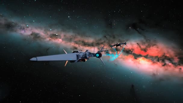 Concetto Futuristico Piccole Astronavi Che Volano Attraverso Galassia Combattenti Vanno — Video Stock