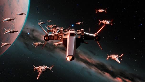 宇宙飞船在外星星球上空飞行的未来主义概念 战士们去执行战争任务 完美的空间冲突 探索与宇宙相关的目的 冒险的气氛 — 图库视频影像