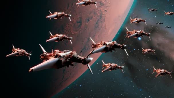 Concepto Futurista Pequeñas Naves Espaciales Volando Sobre Planeta Alienígena Los — Vídeo de stock