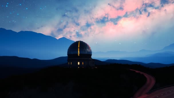 美しく澄んだ空の夜に星を追跡する山の現代天文観測所 カラフルな星雲星座の探査 ハイテク科学研究機器 アストロ写真 — ストック動画