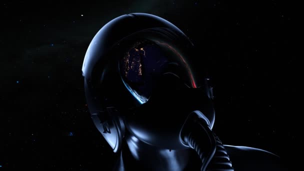 Capacete Piloto Brilhante Realista Refletindo Planeta Alienígena Espaço Uniforme Astronauta — Vídeo de Stock