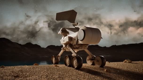 Rover Planetario Che Attraversa Bellissimo Paesaggio Montano Pianeta Alieno Veicolo — Video Stock