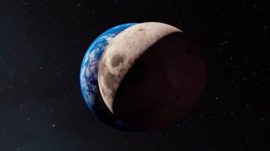 Ay 'ı ve Dünya' yı uzaydan gören güzel bir animasyon. Yıldızlı gece gökyüzü. Evren keşfi. Gümüş küre. Bir macera atmosferi. Kozmik araştırma kavramı. Uzay yolculuğu.