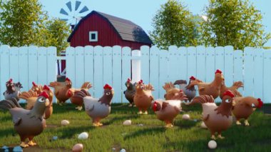 Kümes hayvanları çiftliğinde tavuk animasyonu. Şirin kuşlar zıplar ve kanatlarını çırparlar. Serbest çiftlikteki tavuklar dışarı çıkar. Yeşil çimlerin üzerinde yumurtalar. Hayvan hakları kavramı. Sürdürülebilir gıda üretimi. Mutlu.