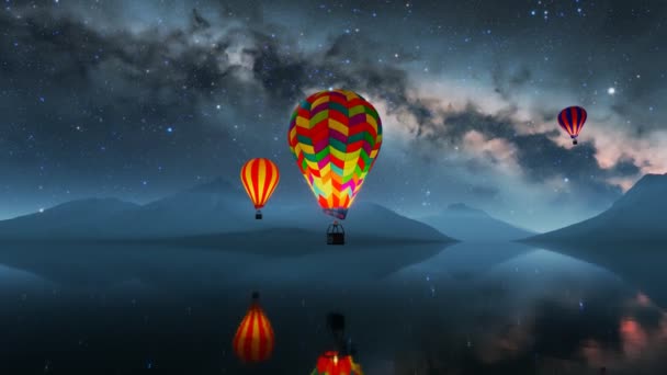 カラフルで輝く熱い気球が夜中に水の上を飛んでいる 星とともに美しい空に向かってゆっくりと上昇する大きな多色の活気のある風船 トラベル アドベンチャー フェスティバル — ストック動画