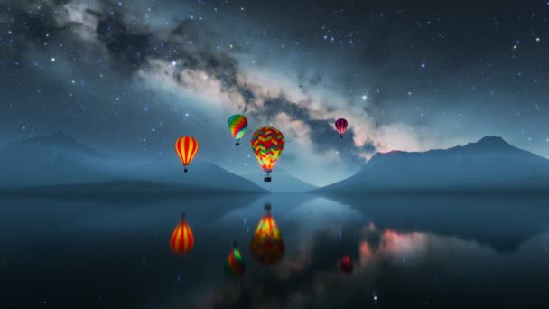 カラフルで輝く熱い気球が夜中に水の上を飛んでいる 星とともに美しい空に向かってゆっくりと上昇する大きな多色の活気のある風船 トラベル アドベンチャー フェスティバル — ストック動画