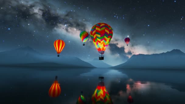 Kolorowe Świecące Balony Gorące Powietrze Latające Nad Wodą Nocy Duże — Wideo stockowe