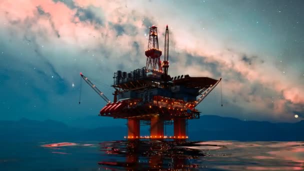 Нефтяная Вышка Ночью Млечный Путь Светит Сверху Морская Буровая Установка — стоковое видео