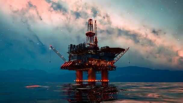 Equipamento Petróleo Noite Maneira Leitosa Brilha Acima Equipamento Perfuração Offshore — Vídeo de Stock