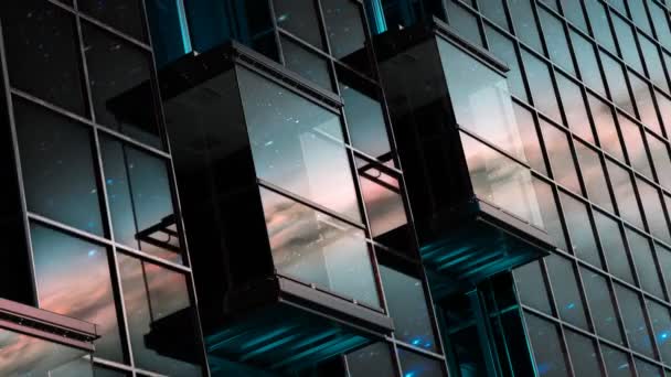 Две Внешние Каюты Лифта Движутся Вверх Стеклянному Фасаду Небоскреба Прекрасное — стоковое видео