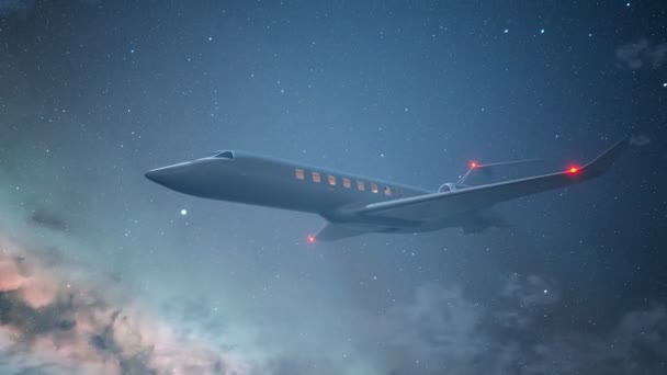 Λευκό Αεροπλάνο Πετάει Μέσα Μια Έναστρη Νύχτα Ένα Ιδιωτικό Αεροπλάνο — Αρχείο Βίντεο