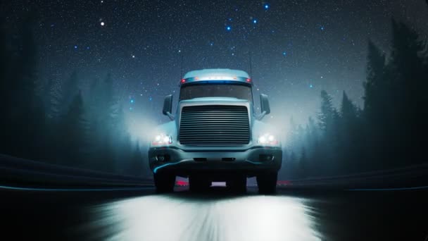 星空に向かって森を駆け抜けるトレーラー付きセミトラック スタイリッシュなループアニメーション 動いている頑丈な自動車 物流と輸送のコンセプト 貨物配達について 4Kについて — ストック動画