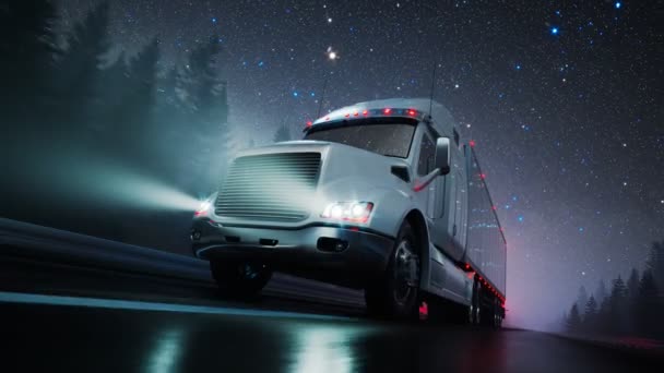 Semi Truck Přívěsem Projíždějící Lesem Proti Hvězdné Noční Obloze Stylizovaná — Stock video