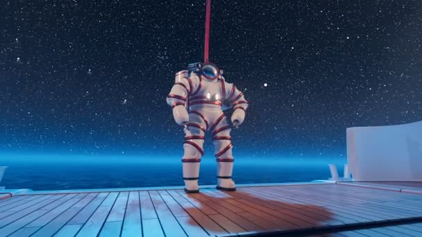 Dykare Nydesignad Högteknologisk Exosvit Ombord Skeppet Natten Okonventionell Utrustning För — Stockvideo