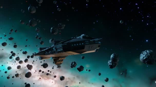 Футуристична Концепція Космічного Корабля Пролітає Крізь Вхідні Метеорити Бійці Йдуть — стокове відео