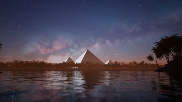 Krásná Hvězdnatá Obloha Nad Jezerem Palmami Siluetami Starověkých Pyramid Včas — Stock video