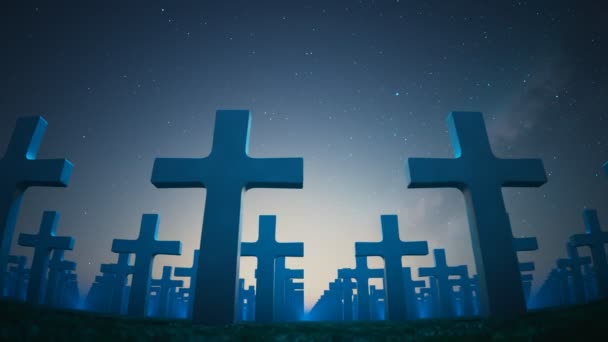 Тёмный Мраморный Надгробие Ночью Кросс Бесконечная Анимация Христианского Кладбища Вид — стоковое видео