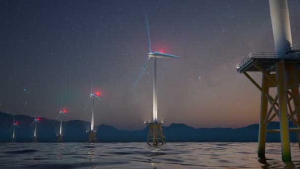 Skupina Větrných Turbín Rotujících Moři Vytváření Energie Prostředí Čistý Zelený — Stock video