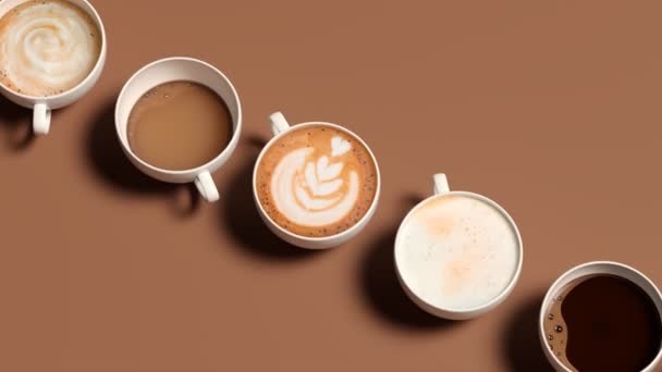 Různé Druhy Kávových Nápojů Pohled Shora Hnědý Stůl Lahodnými Horkými — Stock video