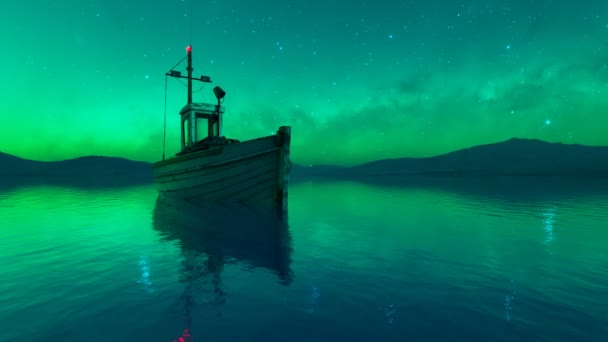 Altes Fischerboot Auf Blauem Ruhigem Wasser Während Der Nacht Schöne — Stockvideo