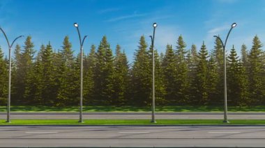 Boş otoyolda kusursuz bir döngü animasyonu. İki yol arasındaki yeşil kuşakta bir sıra sokak lambası. Parlak güneşli bir gün. Yol kenarındaki aydınlatma direkleri. Şehir elektrik aydınlatma sistemi. Ulaşım