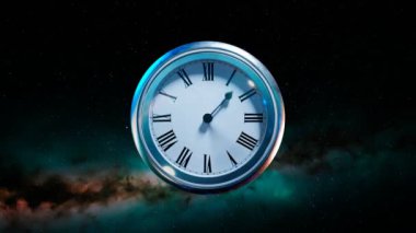 Üç boyutlu animasyon, güzel yıldızlı gökyüzünde eski parlak saatin saat yüzüyle. Saatin elleri dönüyor. Zaman yolculuğu konsepti. Zaman, uzay, sonsuzluk. Zaman makinesi. Fantezi. Sonsuzluk.