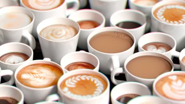 Verschiedene Arten Von Kaffeegetränken Seitenansicht Auf Dem Dunklen Tisch Mit — Stockvideo