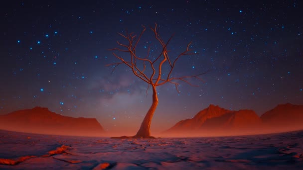 夜に美しい砂漠の風景で枯れた木 割れた土壌 スタンプ 山の暖かいオレンジの日没ライト 星に満ちた空 エコロジカル災害の概念 干ばつした 水に関する問題 — ストック動画