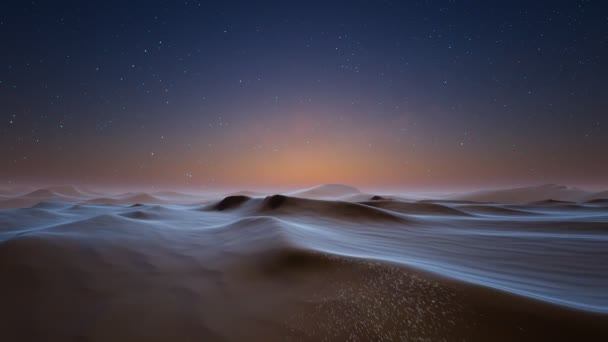 夜の涼しい月の光の中で美しい砂漠の風景 カメラは砂丘の上を飛んでいる 星に満ちた空 砂漠エリア エコロジカル環境 干ばつした 水に関する問題 地球温暖化 — ストック動画