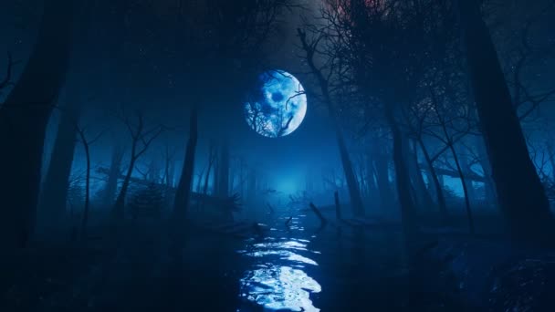 Luna Piena Sul Fiume Nebbioso Nel Bel Mezzo Una Foresta — Video Stock