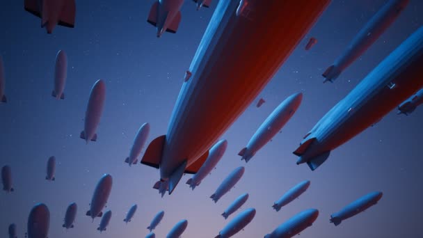 Sömlös Looping Animation Med Ett Stort Antal Zeppelinluftskepp Stjärnhimlen Bakgrund — Stockvideo