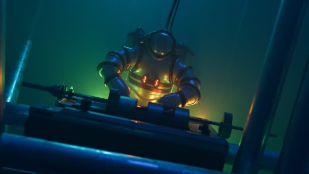 新しく設計されたハイテクなエクソスーツでダイバー 以前よりも深く潜るための非伝統的なギア 水中発見 潜水艦スーツ マリンサイエンス 素晴らしい冒険の雰囲気 — ストック動画