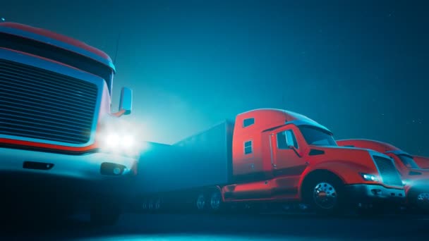 Camions Avec Semi Remorques Debout Dans Une Rangée Devant Entrepôt — Video