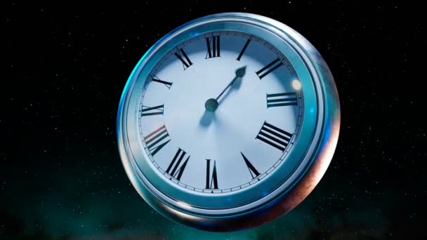 美しい夜空に古い光沢のある時計のクロックフェイスで3Dアニメーション 時計が回転する手 タイムトラベルコンセプト タイムマシン ファンタジー インフィニティ — ストック動画