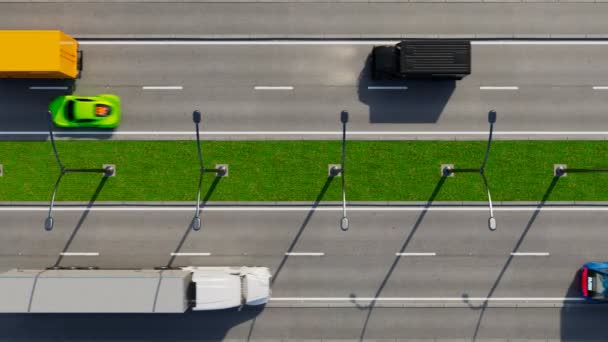 无缝隙循环动画与城市交通在高速公路上或 很多车开着车在两条柏油路之间的绿化带上一排路灯 阳光灿烂的一天 城市交通 — 图库视频影像