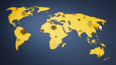 Çizgi film dünyasının haritasına altın paralar düşüyor. BTC 'de. Şifreli. Kripto para birimi. Dijital küresel merkezi olmayan para birimi. Finans çizelgeleri. Uluslararası borsa. Fütürist dijital para.
