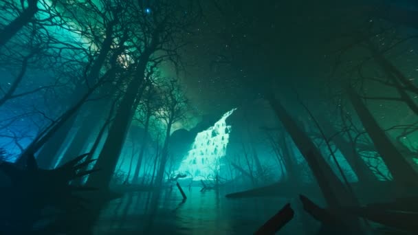 Cascada Brillante Sobre Río Brumoso Medio Bosque Oscuro Por Noche — Vídeo de stock