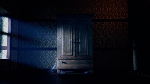 Skräckscen Med Monster Garderoben Mörkt Läskigt Rum Natten Månskenet Garderobsdörrarna — Stockvideo