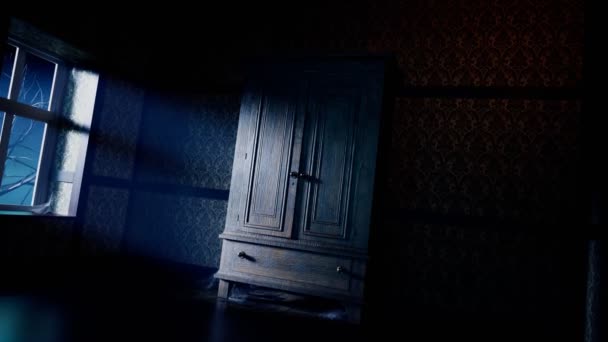 ワードローブにモンスターがいるホラーシーン 月明かりの夜の暗い部屋 クローゼットドアが開きました 暗闇の中の大きな目 ミステリー ハロウィーンコンセプト ナイトメア 恐れる スプーキー サルリアル — ストック動画