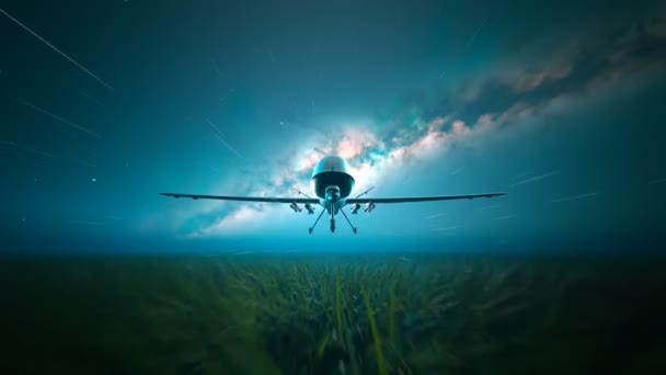 Tecnología Avanzada Dron Depredador Militar Armado Volando Sobre Campos Verdes — Vídeo de stock