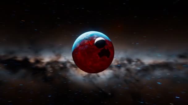 世界的な大惨事のアニメーション 惑星地球の災害の映像 青い地球が溶岩を燃やし 月が分裂する 世界の終わり 気候変動について 地球が崩壊する アルマゲドン カタカリズム — ストック動画