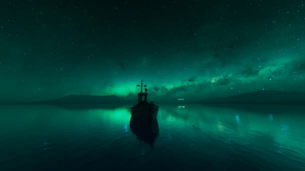 青いボートで釣り 夜は穏やかな水 島と星空を背景にした美しい景色 フライングソーサーが上空を飛行し しばらくの間停止します Ufoについて エイリアン宇宙船 — ストック動画