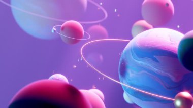 Renkli gezegenler, uydular ve asteroidlerle kusursuz bir döngü. Renkli bir gezegenin yörüngesinde dönen parlak gümüş bir ay. Parlak pembe, mavi, sarı ve turuncu renkler, küçük parlayan yıldızlar..